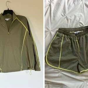Good American Olive Green and Neon Yellow Active Set - Jacket & Shorts
